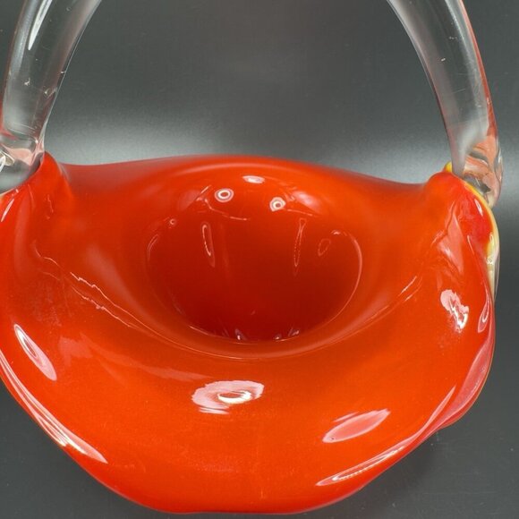 Vintage 1980s Venetian Art Glass Basket Bowl With Handle Red White Art Glass VTG - Picture 10 of 14